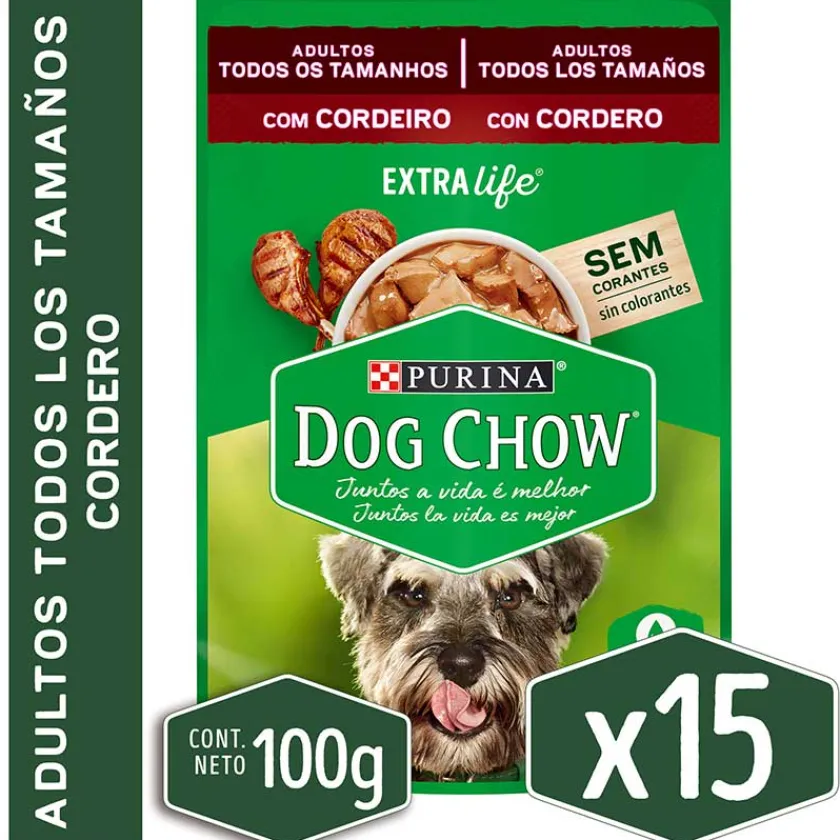 Dog Chow - Purina Húmedos^Alimento húmedo para perro DOG CHOW® Adultos con Cordero sobre 100gr Pack 15 Unidades