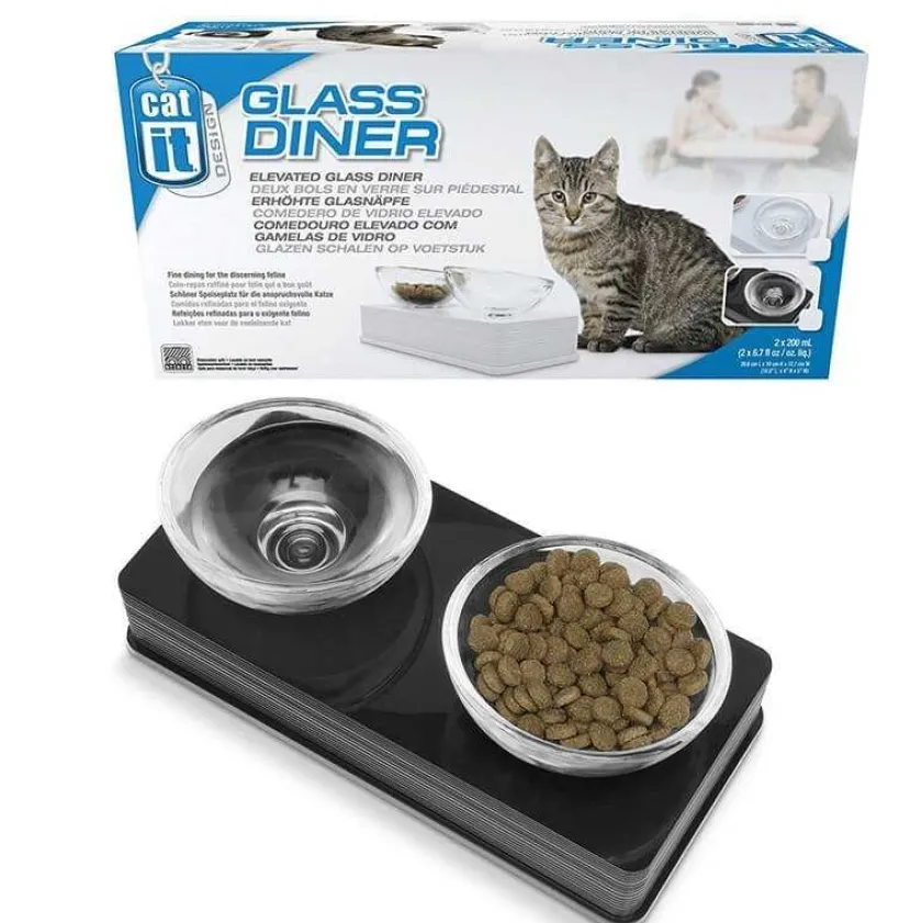 Cat it Comederos Y Fuentes De Agua^Plato de vidrio Base Negra para gatos