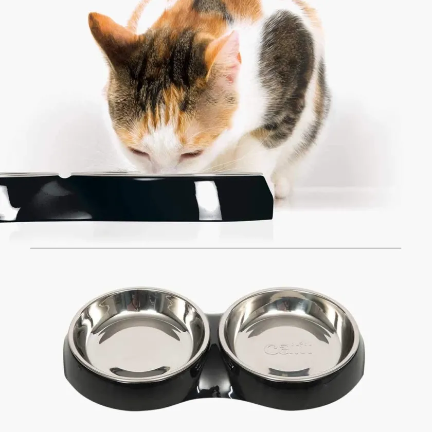 Cat it Comederos Y Fuentes De Agua^Plato Doble Acero Inoxidable con Borde Bajo Color Negro