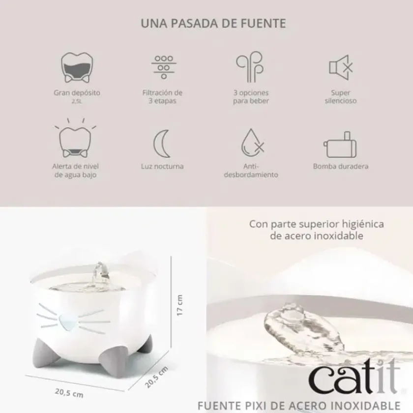 Cat it Comederos Y Fuentes De Agua^Fuente PIXI Acero Inoxidable 2.5 litros