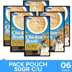 Inaba Húmedos^Churu Broth Pouch Gatos Sabor Pollo y Ostiones 50gr Pack 6 Unidades