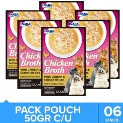 Inaba Húmedos^Churu Broth Pouch Gatos Sabor Pollo y Salmón 50gr Pack 6 Unidades