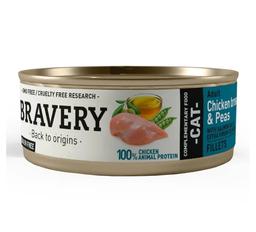 Bravery Adultos (1 A 7 Años)^Lata Alimento Húmedo Para Gato Adulto Pechuga de pollo y Arvejas 70gr x12 Un