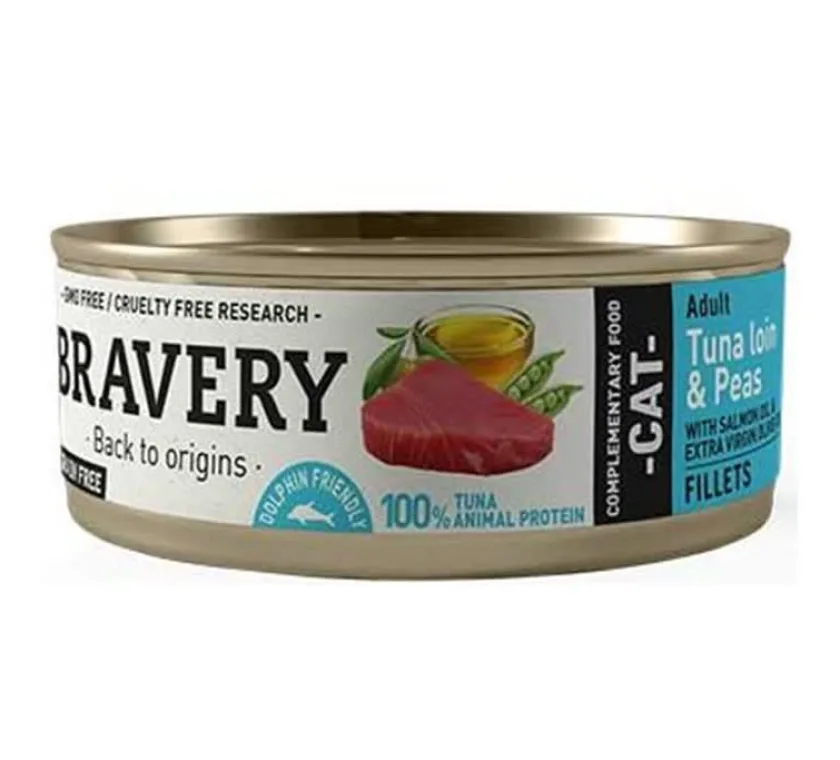 Bravery Húmedos^Lata Alimento Húmedo Natural para Gato Adulto Esterilizado Receta Atún y Avejas 70 g