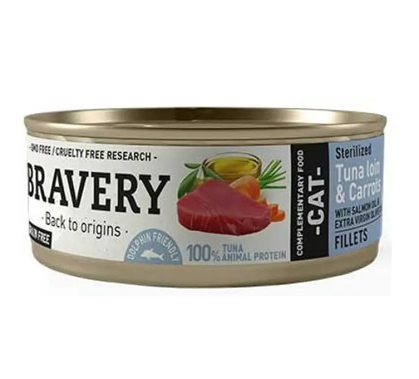 Bravery Húmedos^Lata Alimento Húmedo Natural para Gato Adulto Esterilizado Receta Atún y Zanahoria 70 g