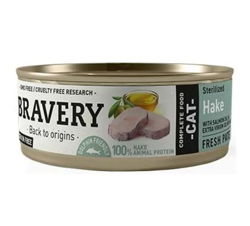 Bravery Húmedos^Lata Alimento Húmedo Natural para Gato Adulto Esterilizado Receta Merluza 70 g