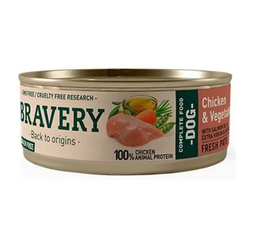 Bravery Húmedos^Lata Alimento Húmedo Natural para Perro Adulto Receta Pollo y Vegetales 80 g
