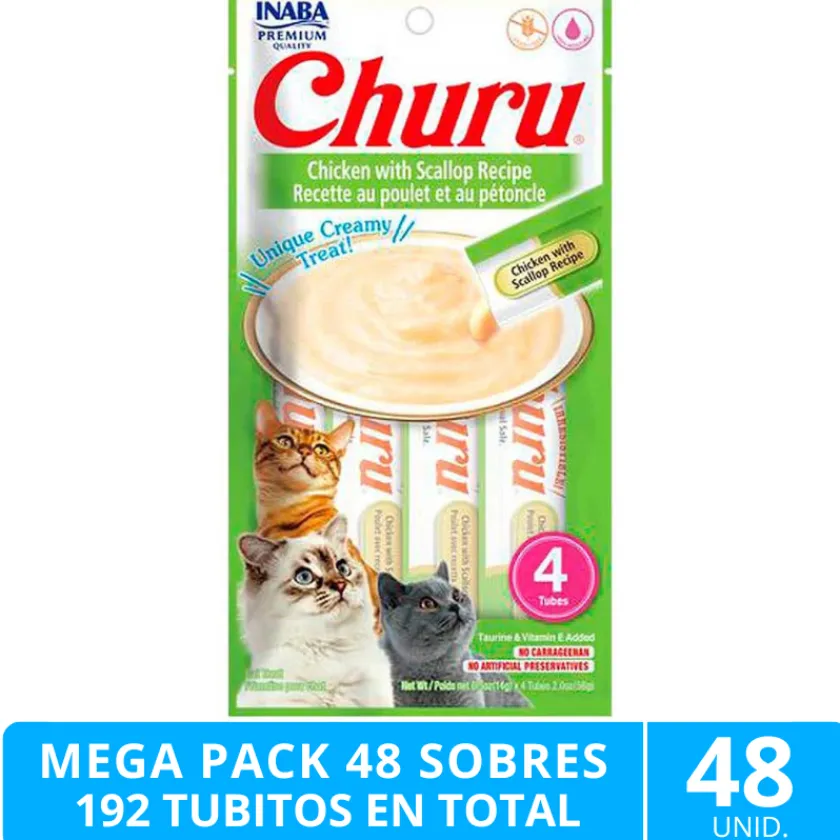 Inaba Húmedos | Adultos (1 A 7 Años)^Mega Pack 48 Sobres Ciao Churu Pollo y Ostiones (192 Tubitos)