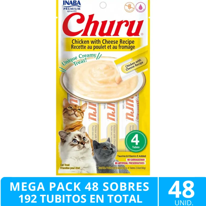 Inaba Húmedos | Castrados^Mega Pack 48 Sobres Ciao Churu Pollo y Queso (192 Tubitos)