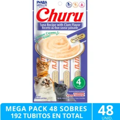 Inaba Húmedos | Castrados^Mega Pack 48 Sobres Ciao Churu Atún Con Almeja (192 Tubitos)