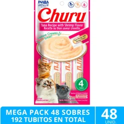 Inaba Húmedos | Castrados^Mega Pack 48 Sobres Ciao Churu Atún Con Camarones (192 Tubitos)