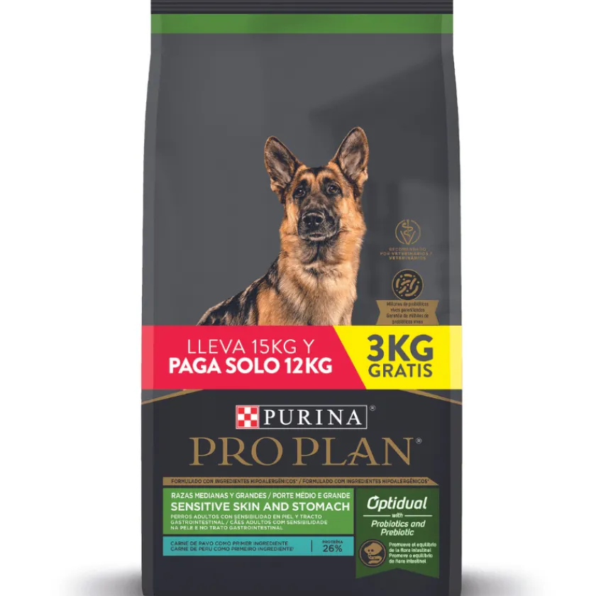 Pro Plan - Purina Adultos (1 A 7 Años)^Pro Plan Para Perros Sensitive Skin and Stomach Pavo Razas Medianas y Grandes 12 kg + 3 kg