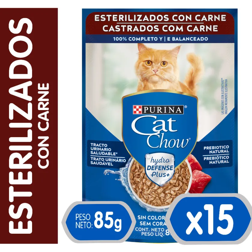Cat Chow - Purina Húmedos^Purina Cat Chow Hydro Castrados Carne 85gr PACK 15 Unidades