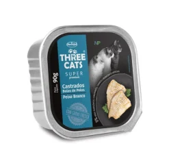 Logo Three Cats Húmedos^Three Cats Pate de Pescado Gatos Castrados Control de bolas de Pelo 90gr